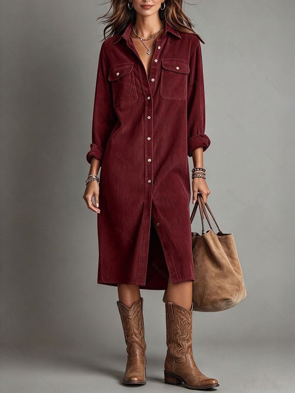 Corduroy Shirt Dress Solid Color Turn Down Collar Loose Dress - Rouge Vineux L | US 8-10