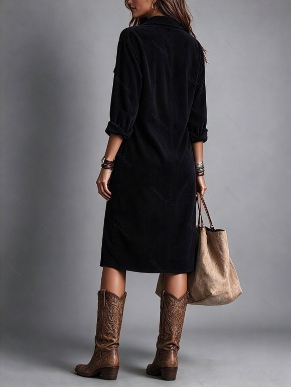 Corduroy Shirt Dress Solid Color Turn Down Collar Loose Dress - Noir XL | US 12