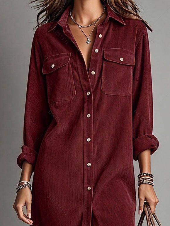 Corduroy Shirt Dress Solid Color Turn Down Collar Loose Dress - Rouge Vineux L | US 8-10
