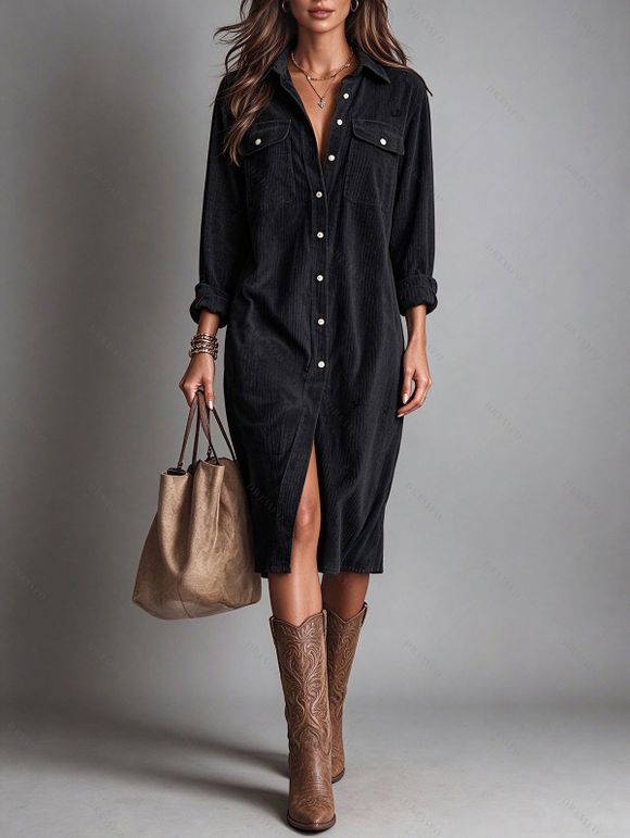 Corduroy Shirt Dress Solid Color Turn Down Collar Loose Dress - Noir XL | US 12