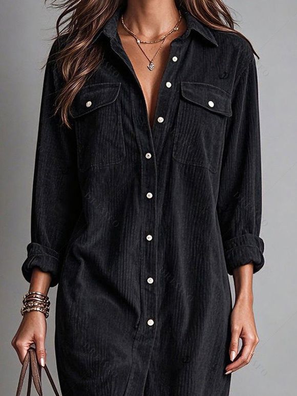 Corduroy Shirt Dress Solid Color Turn Down Collar Loose Dress - Noir XL | US 12