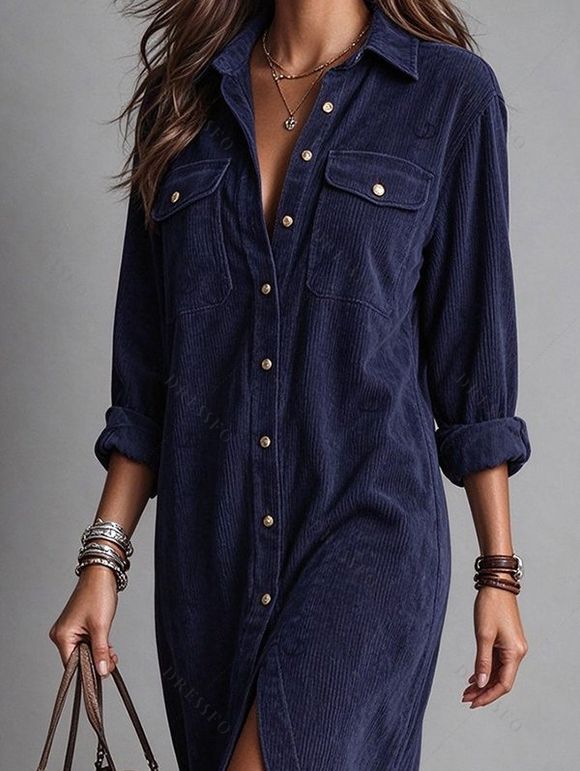 Corduroy Shirt Dress Solid Color Turn Down Collar Loose Dress - Bleu profond S | US 4