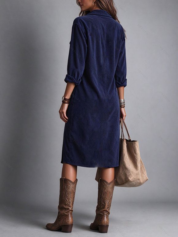 Corduroy Shirt Dress Solid Color Turn Down Collar Loose Dress - Bleu profond S | US 4