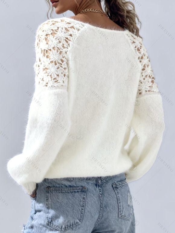 Casual Fuzzy Knit Sweater Hollow Crochet Floral Shoulder Long Sleeve Pullover Sweater - Blanc S | US 4
