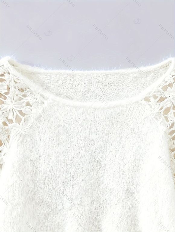 Casual Fuzzy Knit Sweater Hollow Crochet Floral Shoulder Long Sleeve Pullover Sweater - Blanc S | US 4