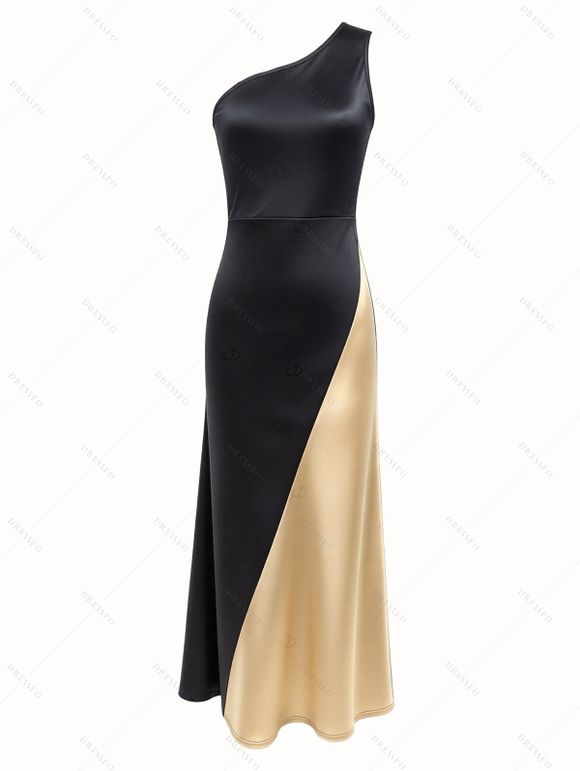 Elegant Evening Dress Contrast Color One Shoulder Formal Satin Dress - Noir XXL | US 12