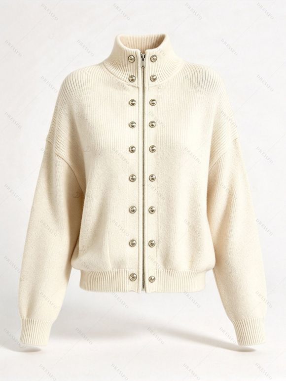 Stand Collar Knit Cardigan Double Row Metal Button Zip Front Long Sleeve Sweater Jacket - Blanc M | US 6