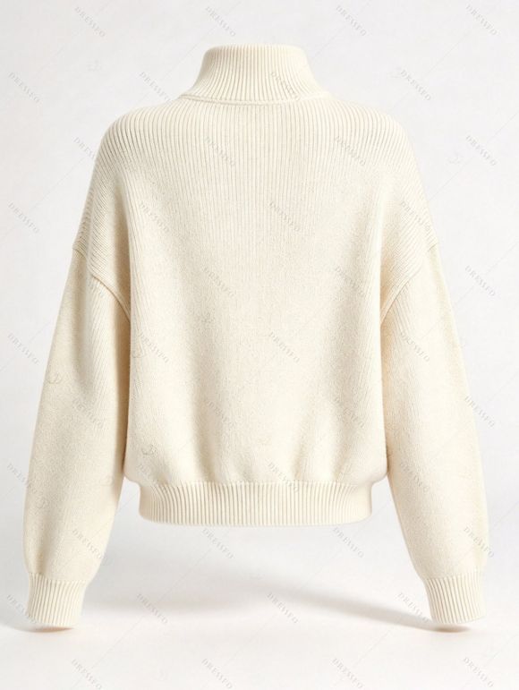 Stand Collar Knit Cardigan Double Row Metal Button Zip Front Long Sleeve Sweater Jacket - Blanc M | US 6