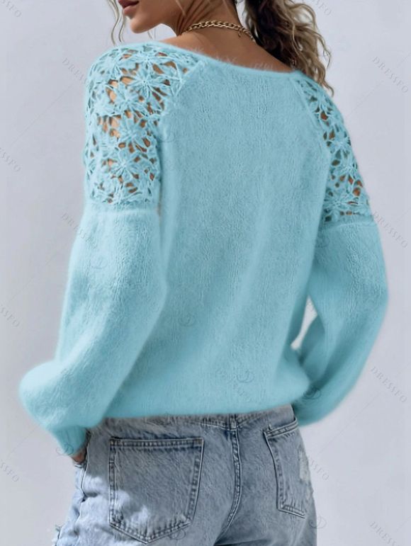 Casual Fuzzy Knit Sweater Hollow Crochet Floral Shoulder Long Sleeve Pullover Sweater - Bleu Poudre XXL | US 12
