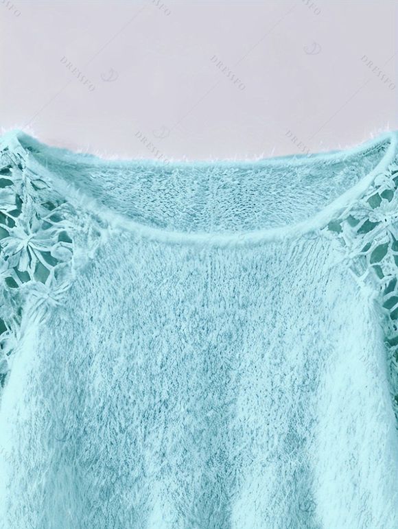 Casual Fuzzy Knit Sweater Hollow Crochet Floral Shoulder Long Sleeve Pullover Sweater - Bleu Poudre XXL | US 12