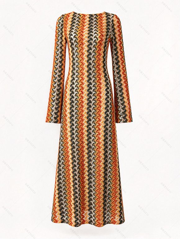 Ethnic Style Dress Wavy Colorblock Striped Long Sleeve Vintage Knit Dress - Orange M | US 6