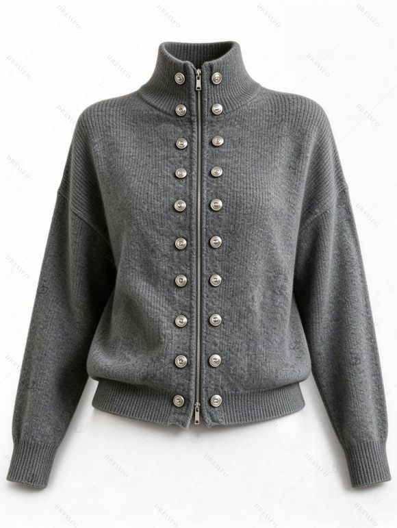 Stand Collar Knit Cardigan Double Row Metal Button Zip Front Long Sleeve Sweater Jacket - Gris Foncé XL | US 10
