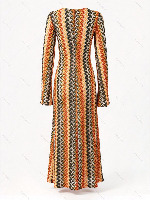 Ethnic Style Dress Wavy Colorblock Striped Long Sleeve Vintage Knit Dress - Orange M | US 6