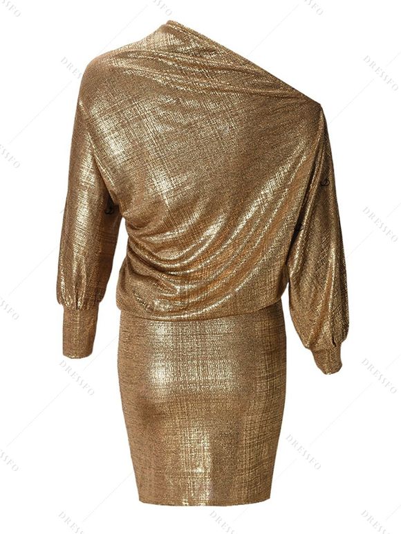 Party Dress Metallic Dress Long Lantern Sleeve Skew Neck Bodycon Dress - d'or S | US 4
