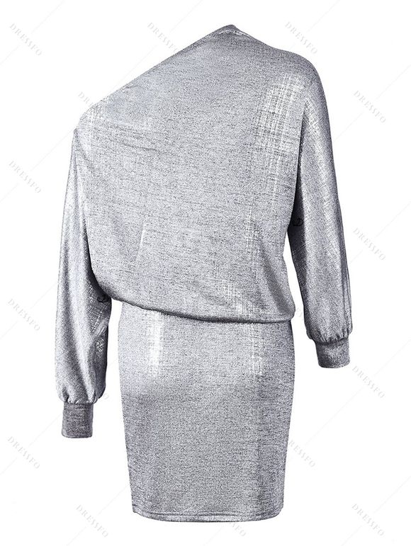 Party Dress Metallic Dress Long Lantern Sleeve Skew Neck Bodycon Dress - Argent S | US 4