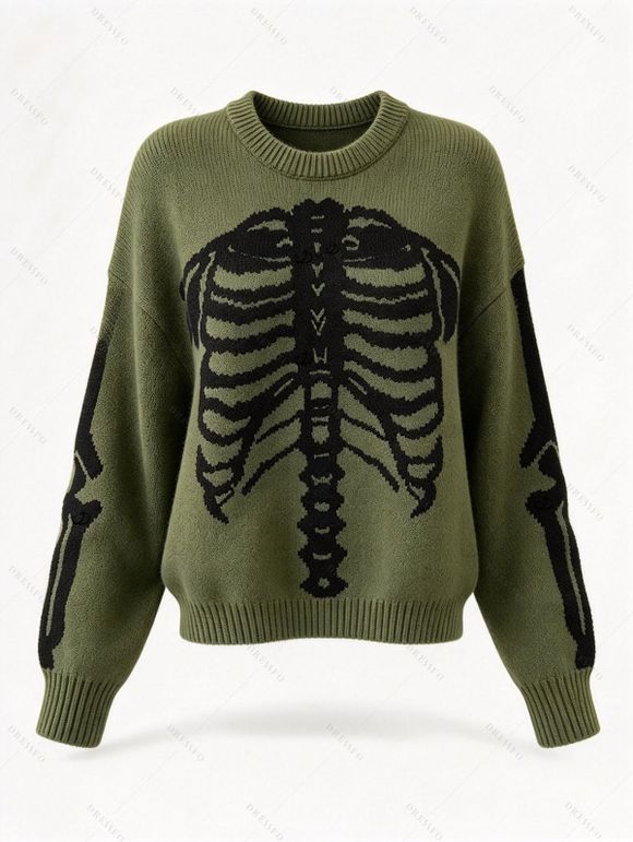 Casual Pullover Sweater Skeleton Print Round Neck Long Sleeve Streetwear Sweater - Vert Armée S | US 4