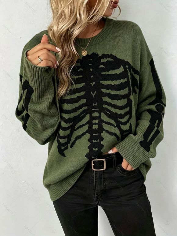 Casual Pullover Sweater Skeleton Print Round Neck Long Sleeve Streetwear Sweater - Vert Armée S | US 4