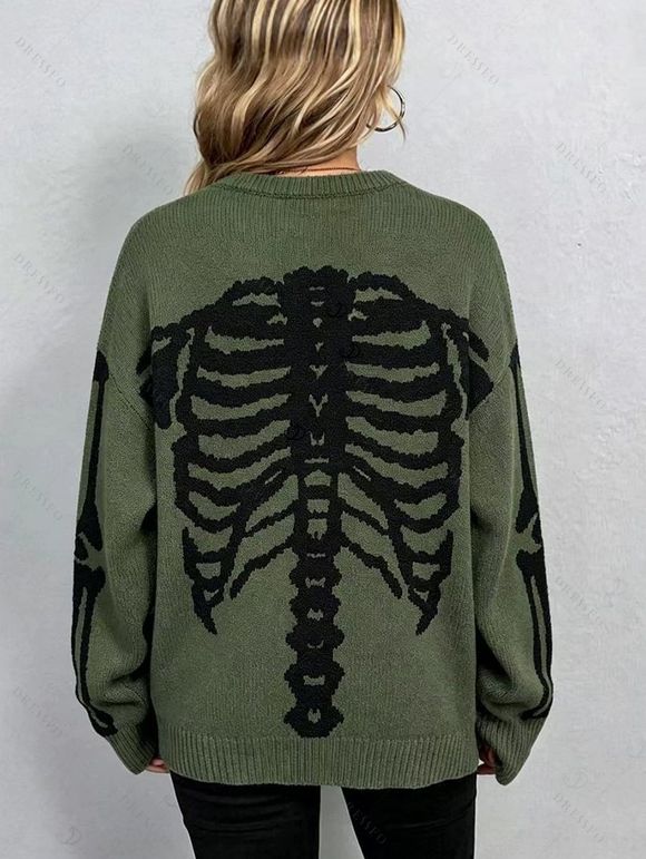 Casual Pullover Sweater Skeleton Print Round Neck Long Sleeve Streetwear Sweater - Vert Armée S | US 4