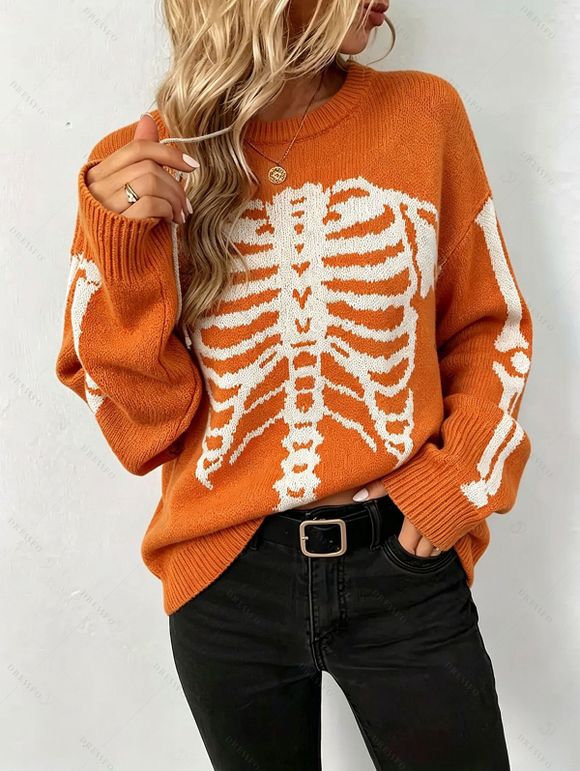 Casual Pullover Sweater Skeleton Print Round Neck Long Sleeve Streetwear Sweater - Orange S | US 4