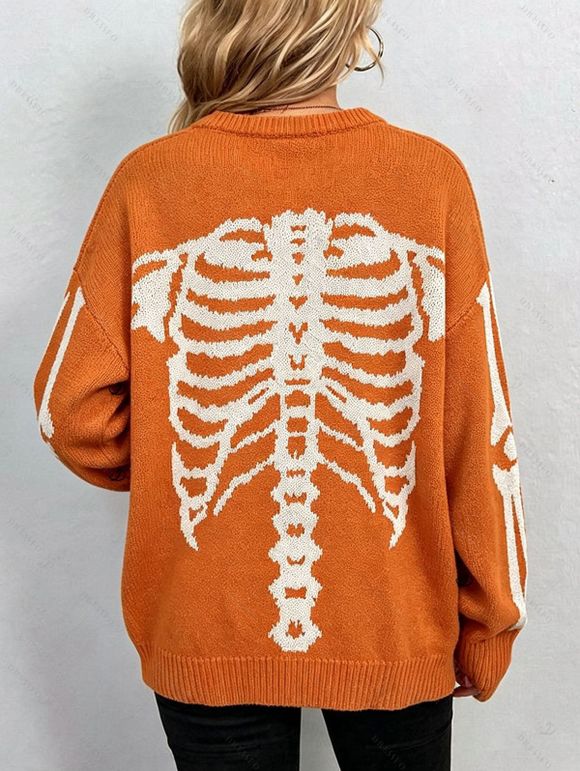Casual Pullover Sweater Skeleton Print Round Neck Long Sleeve Streetwear Sweater - Orange S | US 4