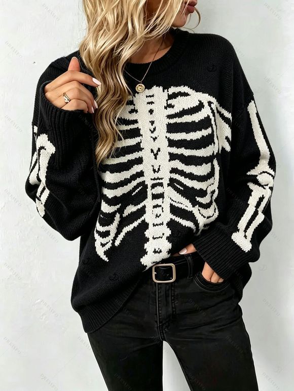 Casual Pullover Sweater Skeleton Print Round Neck Long Sleeve Streetwear Sweater - Noir M | US 6