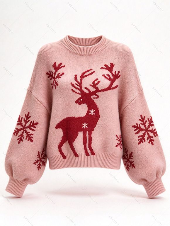 Christmas Sweater Elk Snowflake Print Drop Shoulder Long Sleeve Pullover Sweater - Rose XXL | US 12