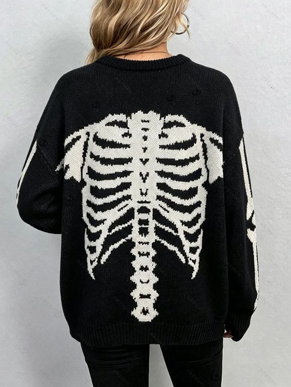 Casual Pullover Sweater Skeleton Print Round Neck Long Sleeve Streetwear Sweater - Noir M | US 6