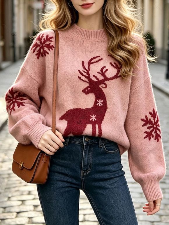 Christmas Sweater Elk Snowflake Print Drop Shoulder Long Sleeve Pullover Sweater - Rose XXL | US 12
