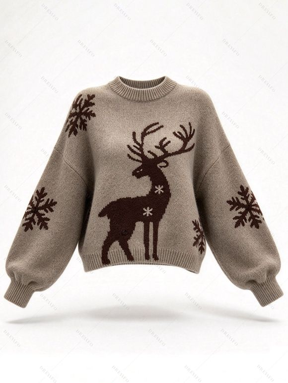 Christmas Sweater Elk Snowflake Print Drop Shoulder Long Sleeve Pullover Sweater - marron foncé M | US 6