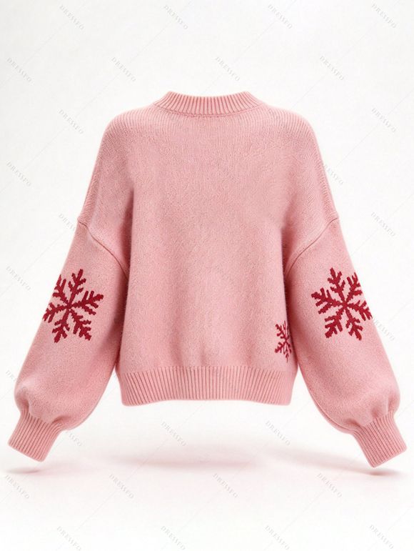 Christmas Sweater Elk Snowflake Print Drop Shoulder Long Sleeve Pullover Sweater - Rose XXL | US 12