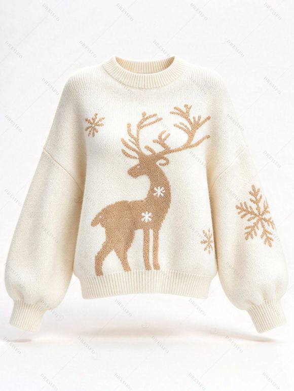 Christmas Sweater Elk Snowflake Print Drop Shoulder Long Sleeve Pullover Sweater - Blanc L | US 8