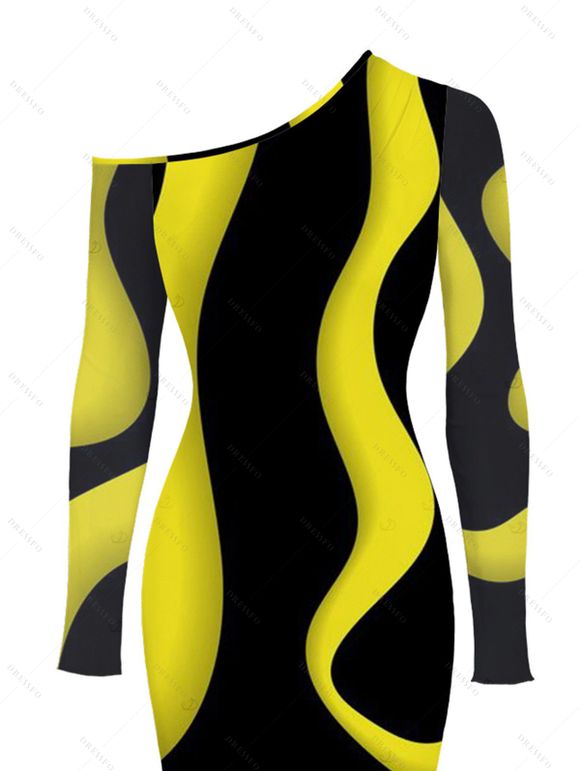 Elegant Party Dress Contrast Color Wave Curve Print Mesh Panel Skew Neck Bodycon Dress - Noir XXL | US 14