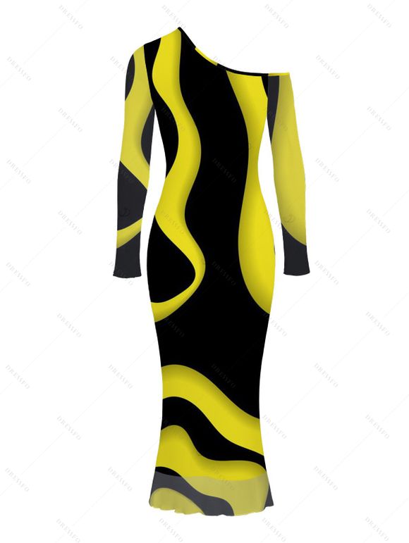 Elegant Party Dress Contrast Color Wave Curve Print Mesh Panel Skew Neck Bodycon Dress - Noir XXL | US 14