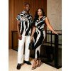 Vacation Couple Outfit Abstract Geometric Line Print Ruched Skew Neck Bodycon Dress and Shirt Set - Noir S | US 4