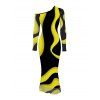 Elegant Party Dress Contrast Color Wave Curve Print Mesh Panel Skew Neck Bodycon Dress - Noir XXL | US 14