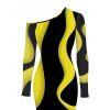 Elegant Party Dress Contrast Color Wave Curve Print Mesh Panel Skew Neck Bodycon Dress - Noir XXL | US 14