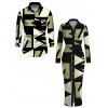 Daily Vintage Couple Outfit Geometric Colorblock Print Ruched Turn Down Collar Bodycon Shirt Dress and Long Sleeve Shirt Set - Noir S | US 4
