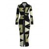 Daily Vintage Couple Outfit Geometric Colorblock Print Ruched Turn Down Collar Bodycon Shirt Dress and Long Sleeve Shirt Set - Noir S | US 4