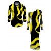 Winter Couple Outfit Contrast Color Wave Curve Print Mesh Panel Skew Neck Bodycon Dress and Long Sleeve Shirt Set - Noir S | US 4
