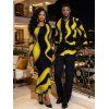 Winter Couple Outfit Contrast Color Wave Curve Print Mesh Panel Skew Neck Bodycon Dress and Long Sleeve Shirt Set - Noir S | US 4