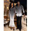 Winter Couple Outfit Monochrome Herringbone Geometric Print Mesh Panel Skew Neck Bodycon Dress and Long Sleeve Shirt Set - Noir S | US 4
