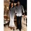 Winter Couple Outfit Monochrome Herringbone Geometric Print Mesh Panel Skew Neck Bodycon Dress and Long Sleeve Shirt Set - Noir S | US 4