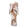 Vintage Party Dress Abstract Line Print Mesh Panel Skew Neck Long Sleeve Bodycon Dress - Abricot M | US 6