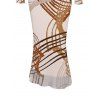 Vintage Party Dress Abstract Line Print Mesh Panel Skew Neck Long Sleeve Bodycon Dress - Abricot M | US 6
