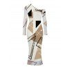 Elegant Party Dress Colorblock Geometric Print Mesh Panel Skew Neck Bodycon Dress - Blanc XL | US 12