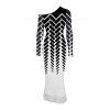 Elegant Party Dress Monochrome Herringbone Geometric Print Mesh Panel Skew Neck Bodycon Dress - Noir M | US 6