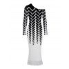 Elegant Party Dress Monochrome Herringbone Geometric Print Mesh Panel Skew Neck Bodycon Dress - Noir M | US 6