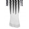 Elegant Party Dress Monochrome Herringbone Geometric Print Mesh Panel Skew Neck Bodycon Dress - Noir M | US 6