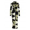 Commute Vintage Shirt Dress Geometric Colorblock Print Ruched Turn Down Collar Bodycon Dress - Noir M | US 6