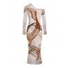 Vintage Couple Outfit Abstract Line Print Mesh Panel Skew Neck Bodycon Dress and Long Sleeve Shirt Set - Abricot S | US 4